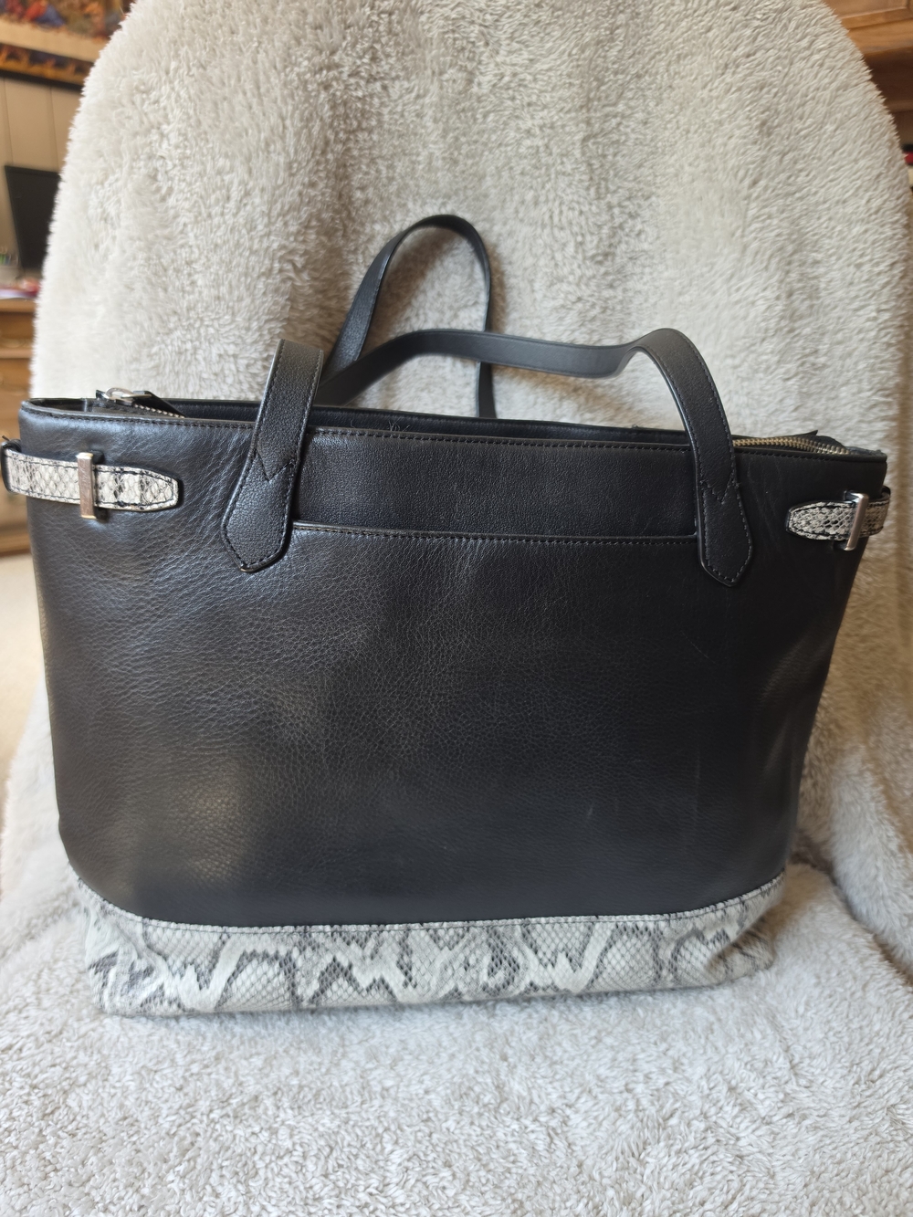 Levenger Black Leather Tote with Snakeskin Accent